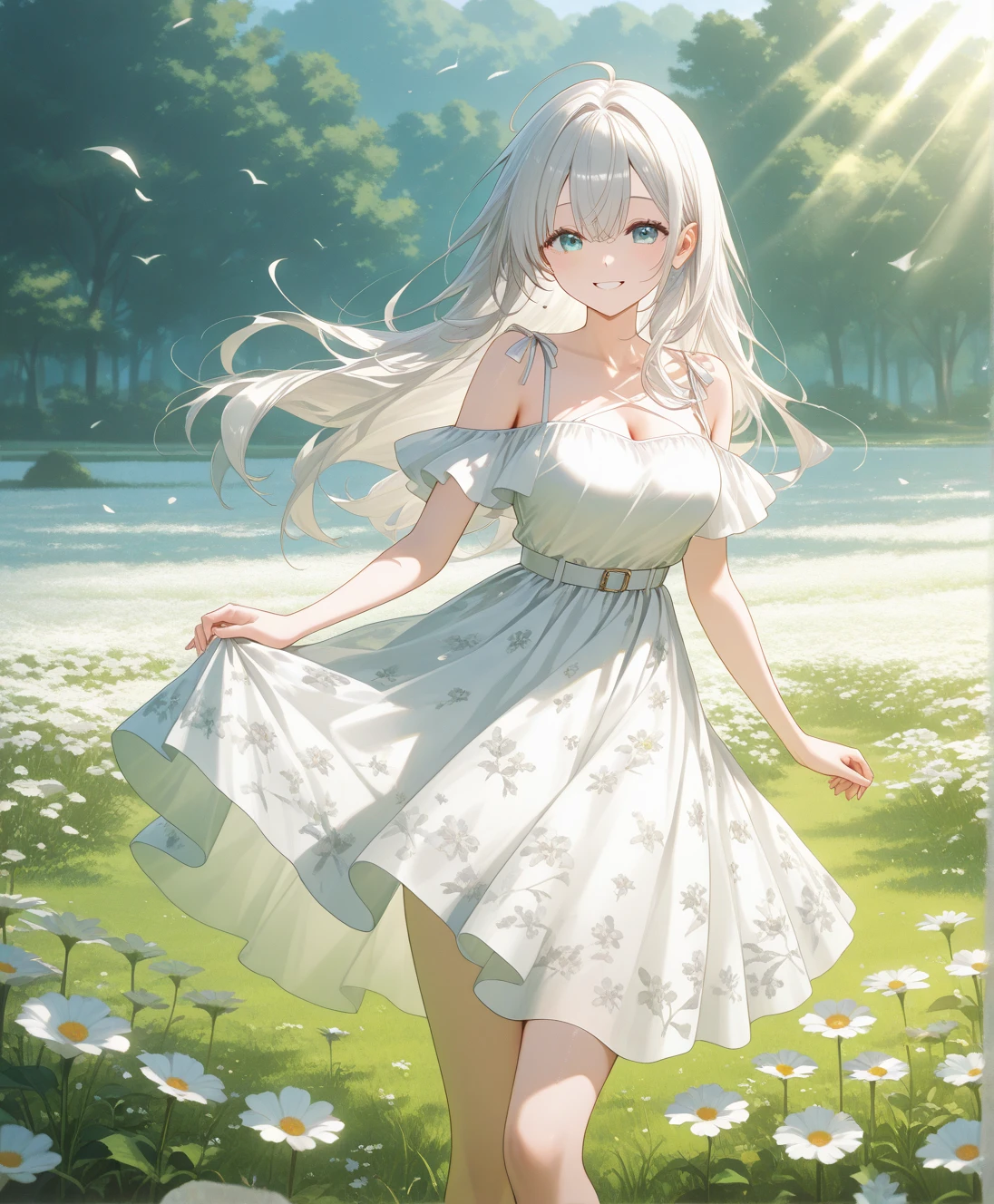 best  quality、One girl、Dark eyes、smile on face、Small face、Flower kanmuri、Hair fluttering in the wind、has silver hair、Longhaire、grass field、daytime、Bright lighting、large tits、White attire、fair complexion、miniskirts、Background blur