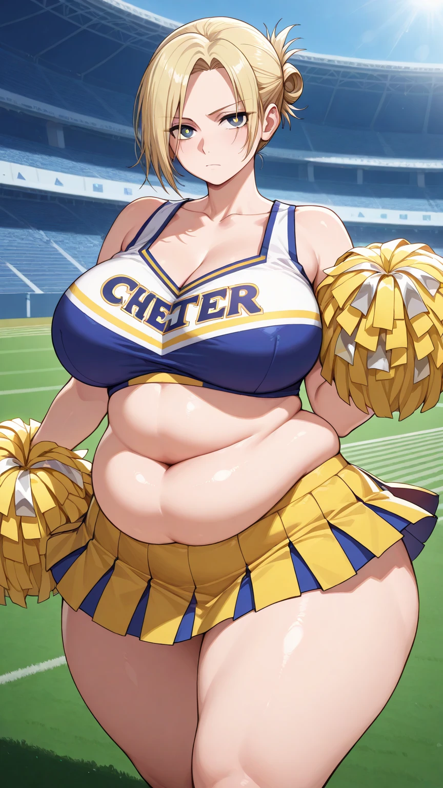 ((Masterpiece)), perfect anatomy, perfect shading, field of depth, (best quality), extremely delicate and beautiful, perfect lighting, detailed face, ultra cute face, cute, (cowboy shot 1.2), full body, (((1girl))), (((solo))), cheerleader

 long hair, fluffy hair, brown hair, green eyes, ((blush))), embarrassed, (cheerleader uniform), (blue and white tank top 1.2), (short section skirt 1.2), thigh highs, chocker, extremely tight clothes, large breasts, cleavage, perky breasts, (((wide hips))), ((thick thighs)), ((big butt)), ((plump)), chubby belly, fat rolls, belly hang, she has a jiggly belly,

football field, intricate background, detailed background, sweaty, out of breath