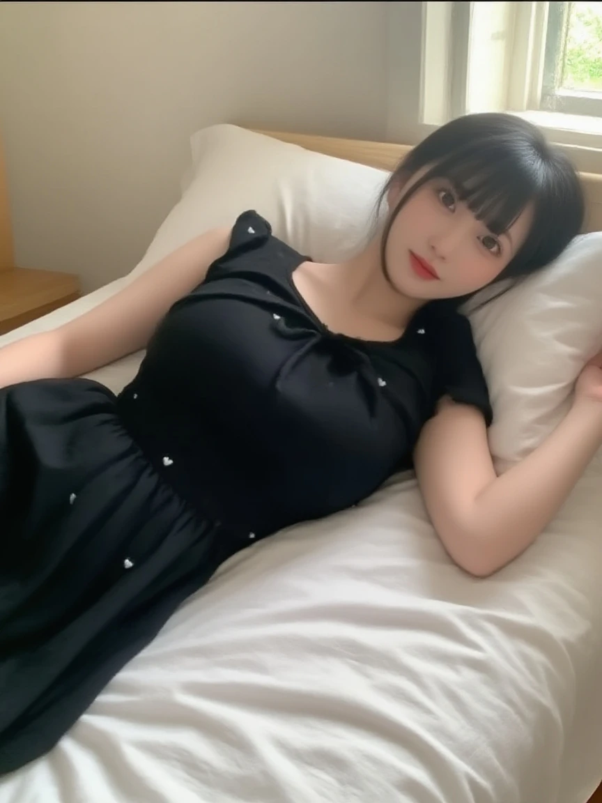 film photography, 1 girl, (Lying in Bed, Open Legs: 1.2), pov, school uniform, white panties, show panties, seductive smile, medium breast, full body, drunk blush:1.5, black wavy shoulder-length hair, serene, calm, (realistic detailed eyes, natural skin texture, realistic face details), soft dramatic lighting, depth of field, bokeh, vibrant details, finely detailed, hyperrealistic