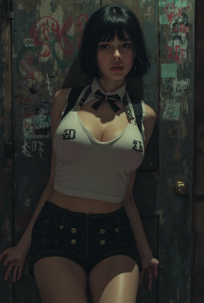 (((1girl))), ((((SFW)))), (((((Korean face, nationality Korean))))), realistic, ((egirlmakeup, goth girl, goth makeup)), ((((blank expression, serious expression)))), (extremely messy tomboy short hair with dark red highlights, messy hair, wearing black lipstick), (((((extremely big breasts, extremely very wide hips, extremely big ass, extremely busty, extremely big chest, extremely big tits))))), hour-glass figure, ((hour-glass body type, slightly glossy skin)), (((black plaid miniskirt, small tight black crop top))), (sweaty), (looking at viewer, behind pov, pov from behind, view behind down), black arm bands 