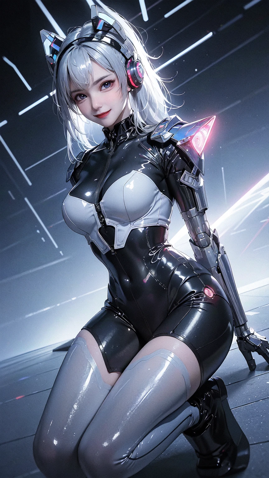 highest quality, On the table, Ultra-high resolution, (Reality: 1.4), original photo, 1 cyberpunk girl, Black Hair, Smooth skin, 1.mechanical girl, (Ultra-realistic details)), whole body, Global Illumination, sharp contrast, Dark, Octane Rendering, 8k, Super sharp, Cleavage exposed, Rawhide, Metal, Intricate decorative details, Japan Details, Highly complex and detailed, realistic light, CG Trends, face camera, Neon details, Mechanical limbs, blood vessels connected to tubes, A mechanical vertebrae attached to the back, Mechanical neck fixation device, Wires and cables to the head, Gundam, Small LED lights.14 year old girl、Silver Hair、Perfectly round pupils、giant irisディテール, A faint smile, Sexy pose