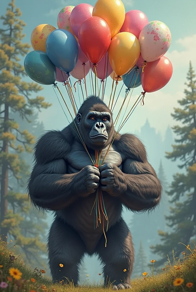 I,act seen from afar of children playing in the park, flying a kite, on a slide, a popcorn seller, BLUE SKY, rainbow, TREES, birds flying, in the background of the image a gigantic gorilla holding a balloon in the shape of the number 7
