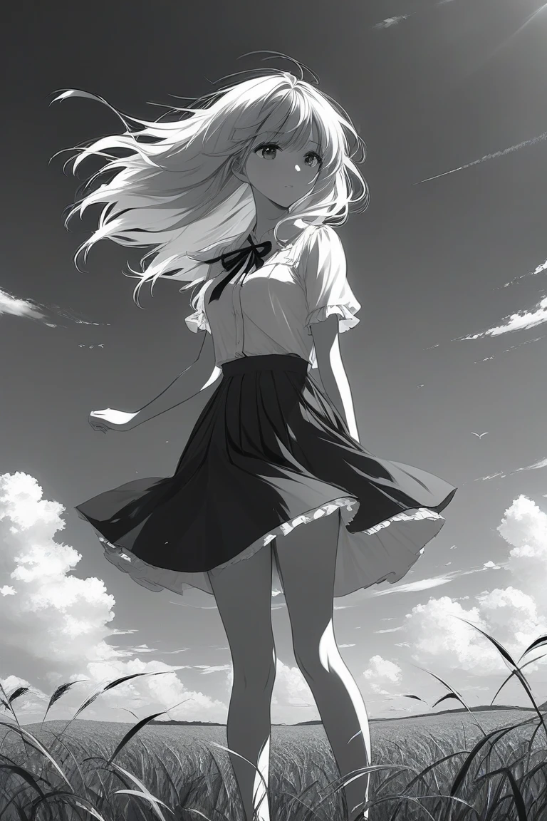 (Masterpiece, sidelights, beautiful eyes of detail: 1.2), (overhead view), dynamic angle, (full body), backlit, t-shirt, skirt, cleavage sweat