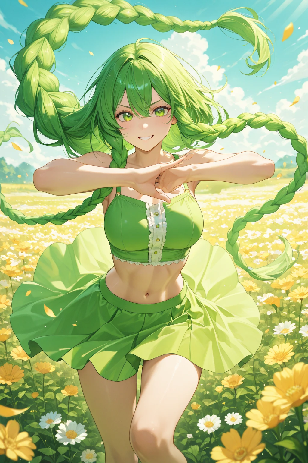 best quality, 8k, RAW photo, incredibly absurdres, extremely detailed, beautiful woman, excited look, iridescent light green messy wavy medium hair, (wind), sparkling emerald green eyes, wearing green tight tank top, knit short pants, superlative body proportion