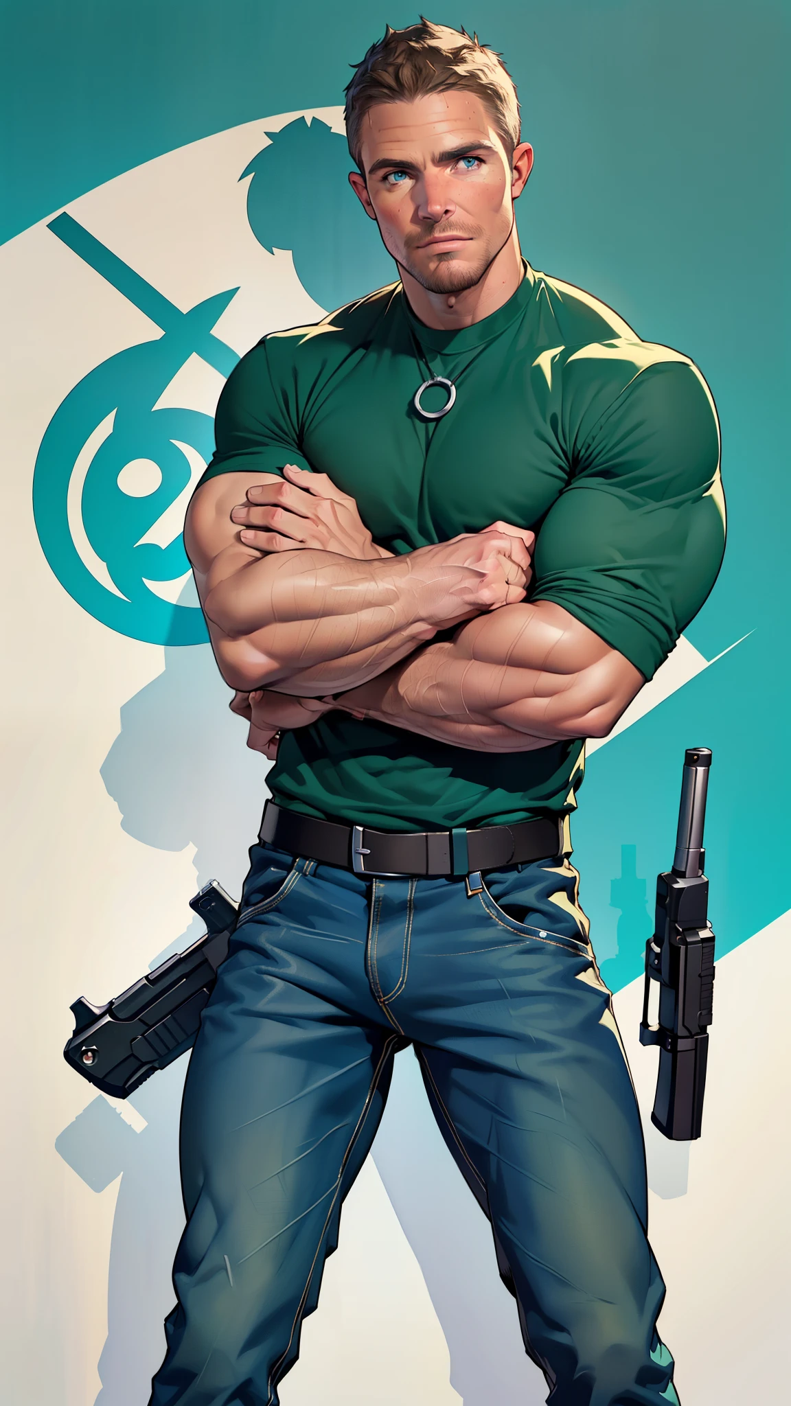 upper body shot, low camera angle, Chris Redfield kneeling, Shocked, open mouth wide, Arms beside the body, straight, front ,(black hair), smile open mouth, (Wear color olive green round neck T-shirt: 1.5), (with a Police badge: 1.2), olive green cargo, black glove, (blood splatters) ,( abrasions on face: 1.2), (Blood stains on the face and body: 1.2), Korean guy , korean men, (High gloss details), chest muscles, large arm muscles, blood vessel, Big muscles, Broad shoulders, looking at the audience, Balancing the eyes,  middle of the road , (Carrying a black backpack: 1.3) ,walk to camera,(Fire blazes behind)