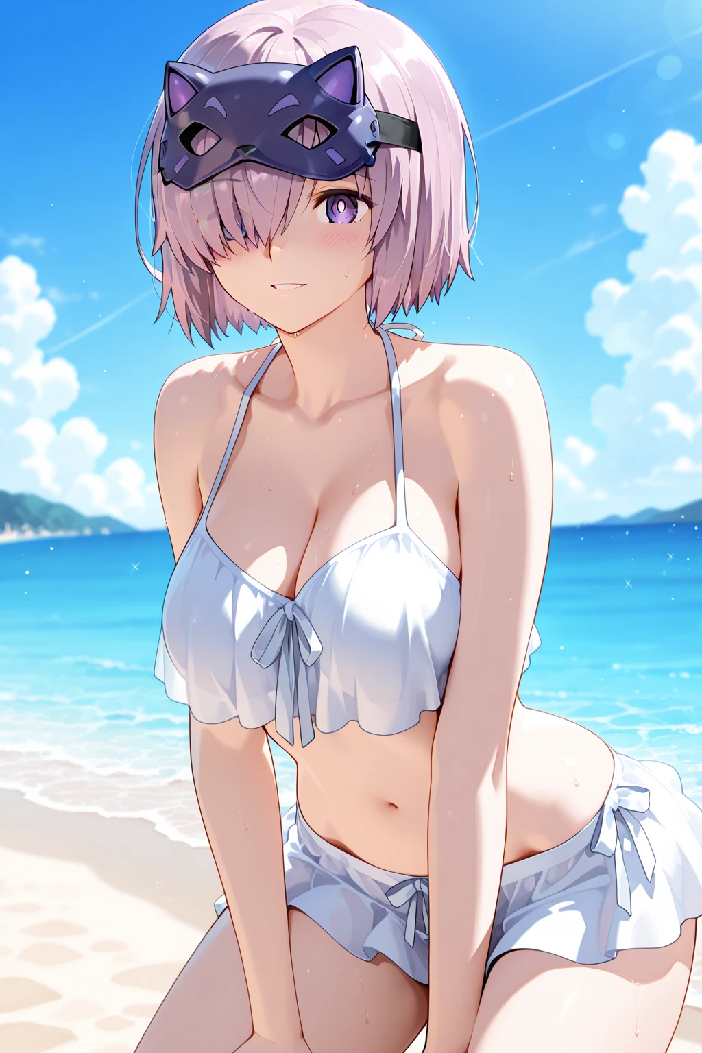 A cute white dress shirt and a light blue bra that clings to her body.、A cute light blue bra、Her miniskirt lifts to reveal her light blue and white striped underwear、Light blue underwear、Girl trying to take off her underwear、Sandy beach, ocean and blue、Big Breasts、barefoot、Standing posture、Hug、