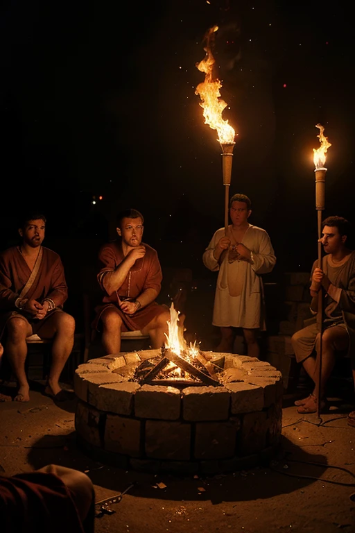 Un groupe de gens se reunissent autour d'un feu faisant une ceremonie des rituel invoquant un esprit donnant a la scene un aspect intriguant