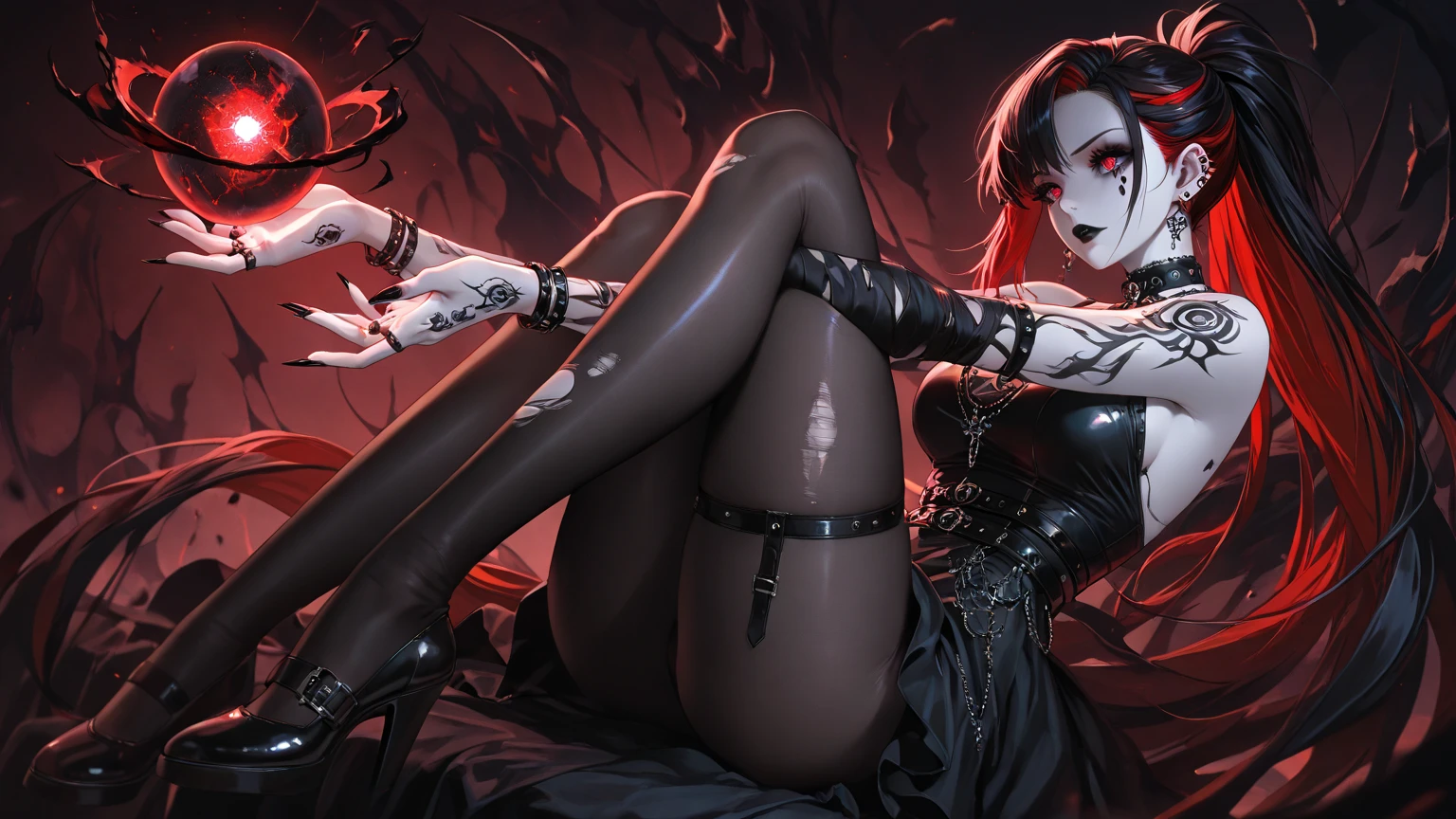 (Masterpiece, Best Quality, Ultra High Resolution , Digital Art,Beautiful and Aesthetic ) . ( One Fashionable adult girl with a short oblique bob, slender figure, expressive and dominating look ) in modern men's suit in youth style , matte black color , lovely thin white but long tie , (silk thick threads of red color connect the necklines on the sides of the whole suit) , . The character sits on a large massive sofa with lots of leather and metal patterns on it in vintage style , an interesting and atmospheric pose that characterizes the character ,(Photorealistic style combined 2.5D . Realistic picture , realistic anatomy , beautiful perspective . Best image quality , depth , pastel color , Natural shading , focus on the face , Big Hair ( black with red gelding ) , well detailed eyes , detailed background in modern boudoir style . )