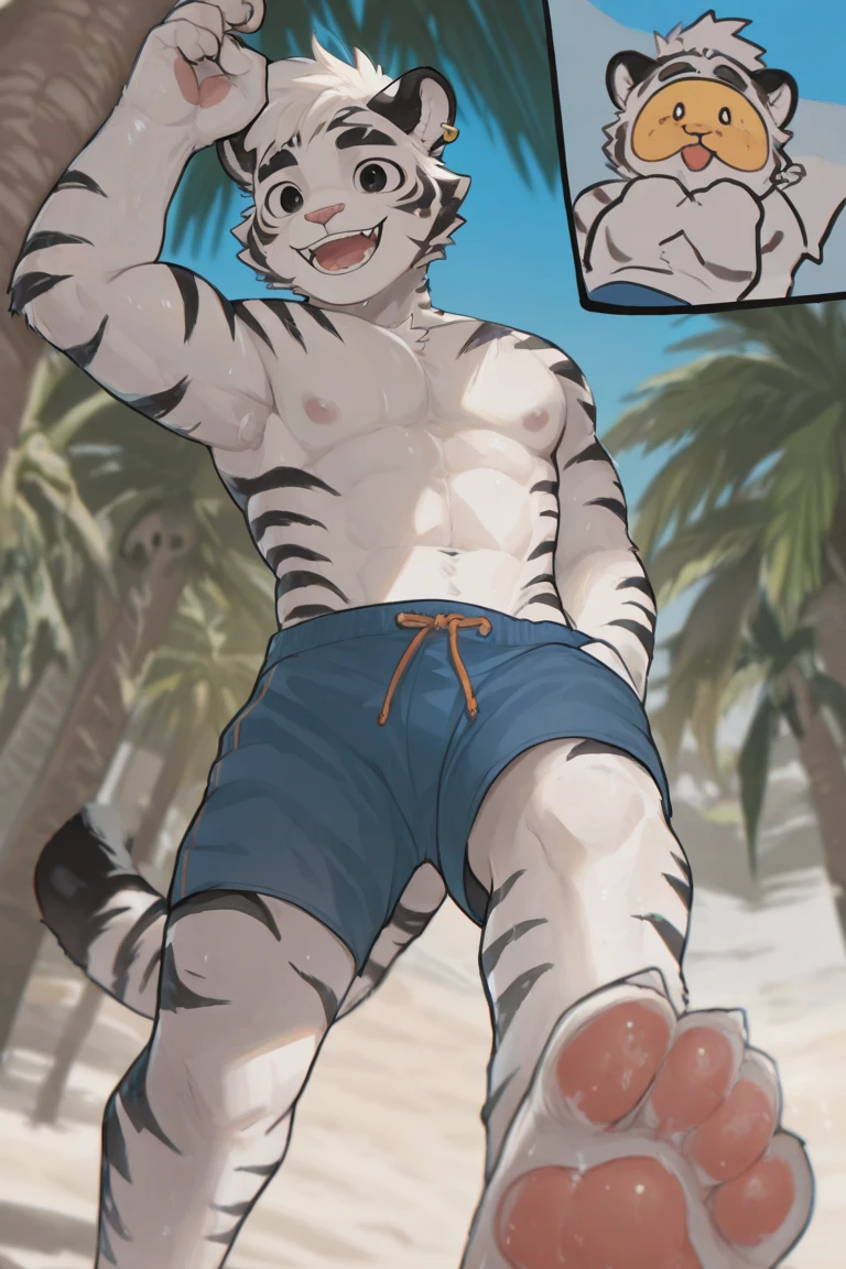 birds-eye POV, furry, anthro, shark, long pointed shark ears, shark tail, ((grey and white fur, black stripes)), long fluffy mohawk, black hair, messy fur, razor sharp teeth, black sclera, yellow pupils, slim body, handsome, sexy, slender, giant, ((wearing tight black speedo with a gigantic bulge)), pawpads, black pawpads, ((laying over a tiny earthly city, tiny earthly landscape background, clouds around character,)) macro, macro furry, giant character, mega giant character, ((best quality, 4K, UHD, masterpiece, digitigrade stance, 4 toes, NSFW)), alone, smiling, hands under head, looking up,