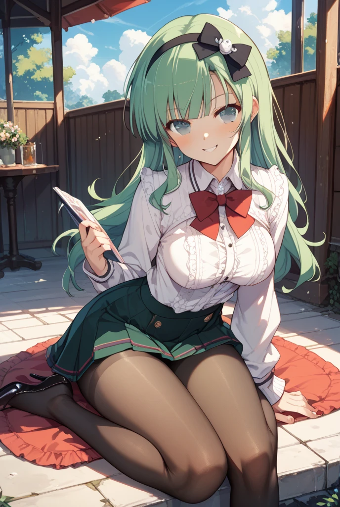 masterpiece, white shirt, green skirt ,red tie, red hair ribbon, white stockings, 8k, lin, green hair