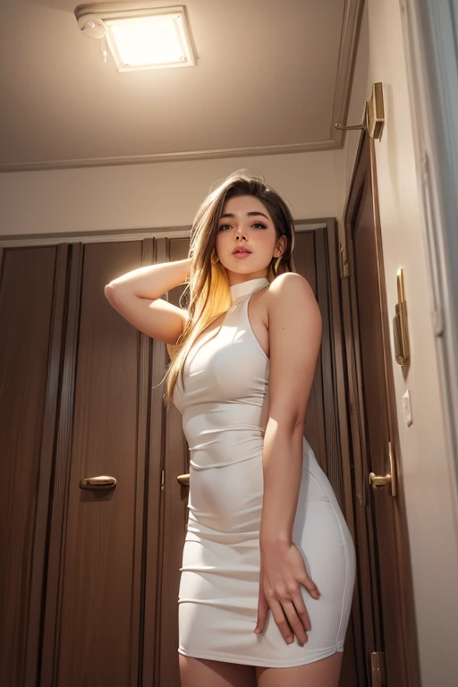 Slender 18 year old arab teen, long straight hair, heavy makeup, eyeshadow, tight white slutty dress, short skirt, expose her stunning ass, arched pose, modern rich house and dimly lit bedroom, erotic atmosphere, sexy pose, upskirt, thin legs