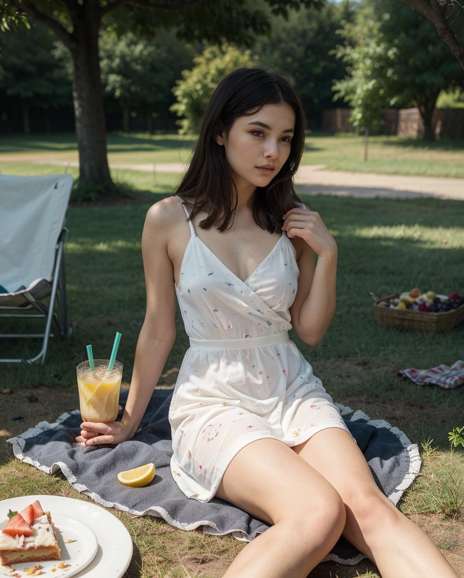 Imagine an influencer lying on a picnic, engulfed in the charm of nature. She radiates charm in a flowing, bohemian chic dress, exuding effortless elegance