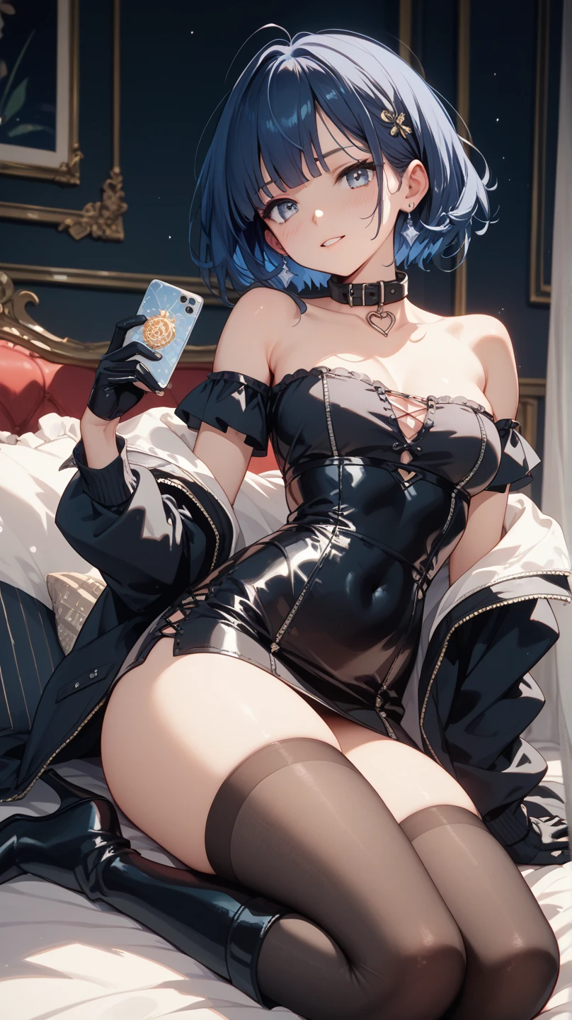 ((Bluish silver bob hair))) Square frame glasses, (((shining blue eyes))), (medium chest), (on her knees), with her smartphone on, a girl trembling with despair