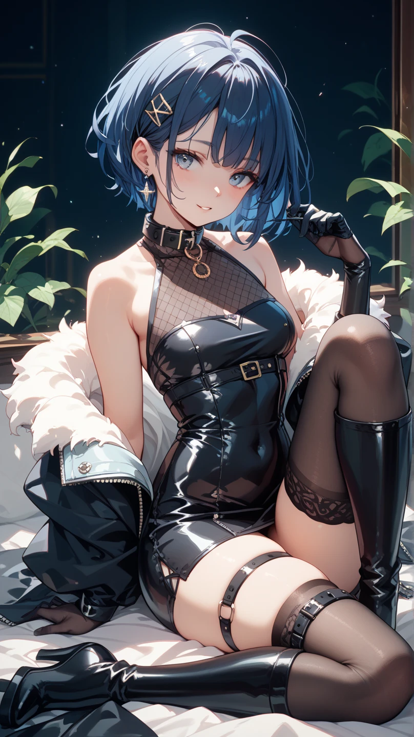 (young girl ,short stature,) ,flat chest,nsfw,big head, rotund.see-through one-piece-swimsuit,sitting chair.leg up.smiling