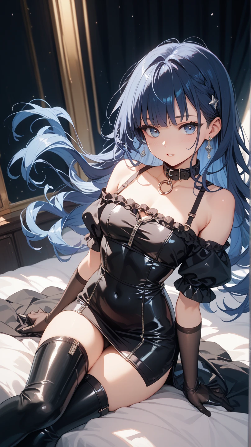 3DCG form。Blue Eyes、Blue hair long updo girl、Slender Busty Spy、Naughty black spy outfit。Secret Underground Facility。Kneel、blush、smile。