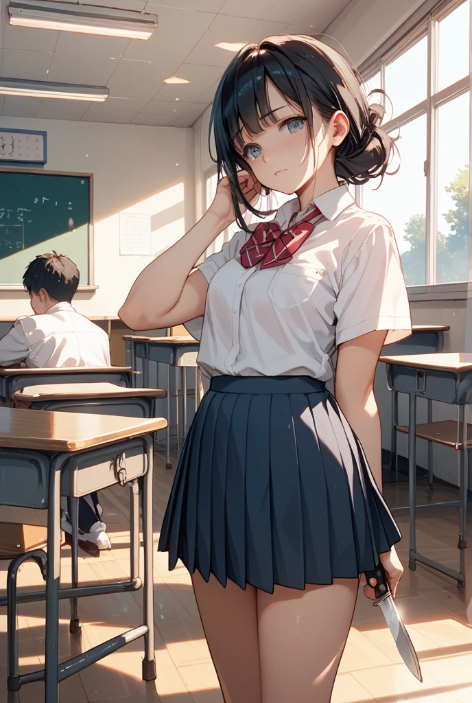 ((realistic)),((masterpiece,Highest quality:1.3,best quality illustration)),cowboy shot,独奏,1woman,18 year old beauty、black hair,short bob hair,bangs,black eyes,(gorgeous big eyes),((very small head:1.3)),smile,((very long body,:1.2,skinny)),((tan skin:1.4)),small breasts,(Collared short-sleeved shirt、redbow,Navy blue pleated mini skirt),gleaming skin,oily skin,slender body,sweat,machine、classroom、School、Tokyo、