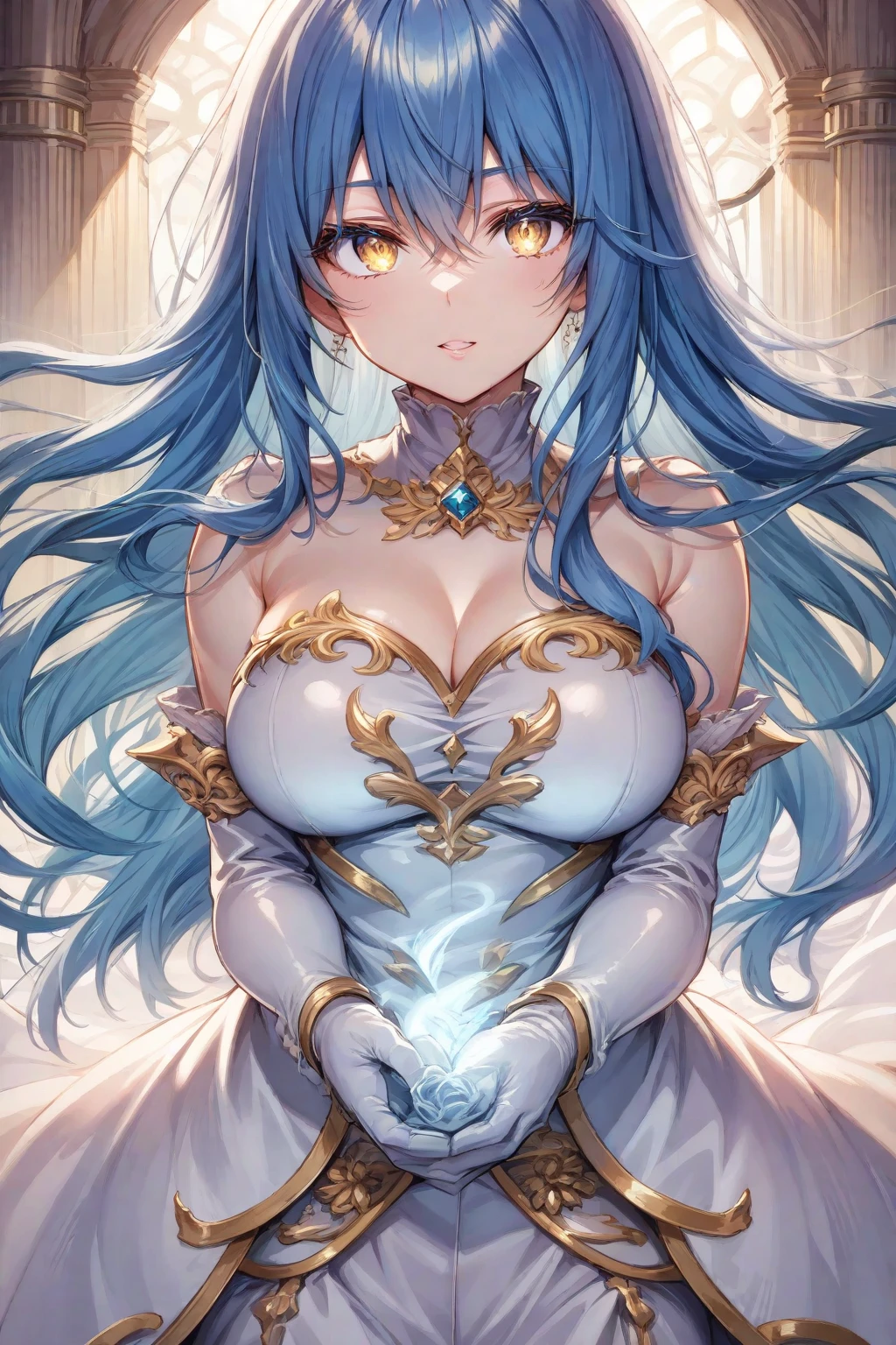 Background Classroom,There are desks,bride,Extra-long multi-layered all-inclusive wedding dress,The wedding dress is swollen,Full-length gloves,Extra-long hair,The radius of the skirt is 2 meters,There is a crown,There are necklaces,There are pendants,Rub your chest with your hands,Shocked mouth open,The upper part of the body