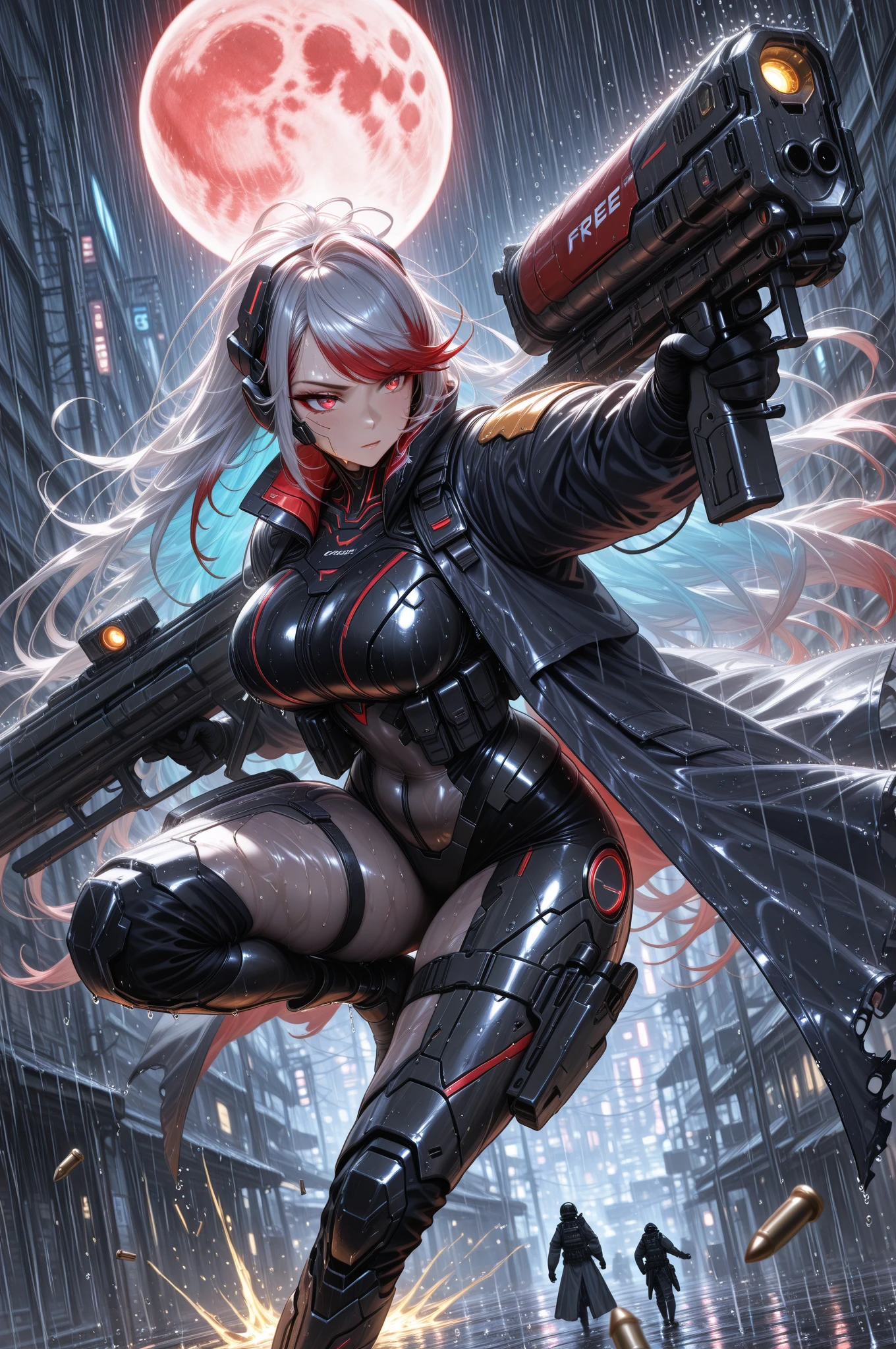 1girll,Black color hair,Twist braids,Qi bangs,red pupils,Round glasses,beauitful face,crisp breasts,Convex buttocks,in a white shirt,red necktie,Black suit,White heels,There are floating missile-launching weapons on the sides of the body,sci-fy,cyber punk perssonage,perfectly proportioned, Cinematic lighting, filmgrain, Fuji colors, lightand shade contrast, 8K, 巨作, Textured skin, Super detail, high detal, High quality, A high resolution,