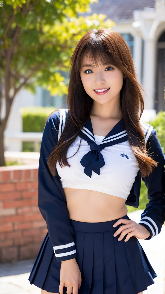 Wearing a sailor uniform、｟Huge breasts:1.5｠, 18-year-old,｟Exposing Skin｠、Chest puffing pose、Really great images, Very very beautiful、masterpiece, 最high quality,picture, cute、8k、Standing on street, Bukkake, whole body, Beautiful legs, (Leg spread:1.2) , Thin legs, The wind is blowing, (Cleavage:1.3) , high quality, Super detailed, Angle from below, massive Bukkake, Nipples, 、((Panties in full view:1.05))、((Spread your legs wide:1.45))