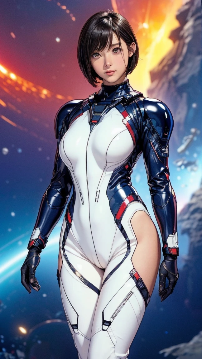 (masterpiece、highest quality、highest resolution、clear_image、Detailed details): (full body figure、15 year old girl、Japanese face、small face、thin、navy blue super short bob cut hair、blue colored eyes、((navy long sleeve space suit、space helmet))、headset、cosmic handbag、cute type、gentle smile、soft expression、headset、(((knee high boots)))、gloves up to the elbow、eye level shot、face directly、woman on a spaceship), (((camel toe))), ((Pure white leotard))