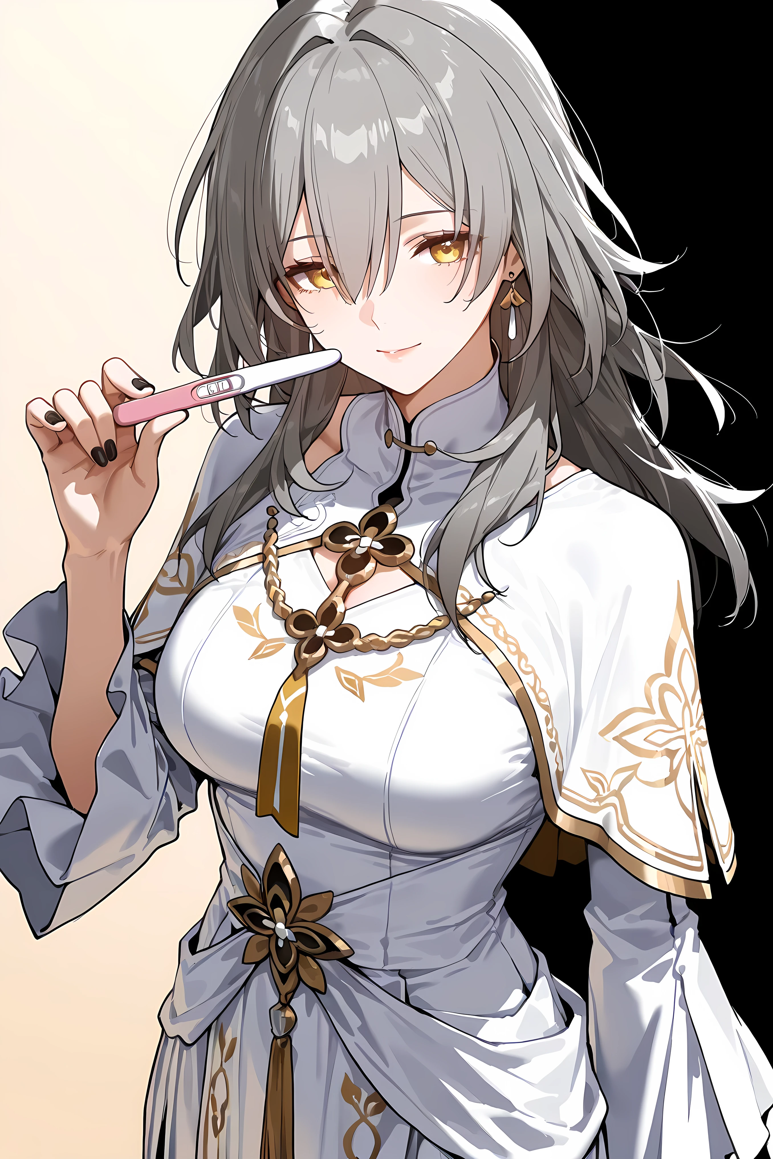 score_9, score_8_up, score_7_up, masterpiece, best quality, very aesthetic, absurdres, tunning image, attractive image, solo, 1girl, adult grown woman, stelle (honkai: star rail), grey hair, bangs, hair between eyes, long hair, yellow eyes, masterpiece,best quality,amazing quality, ero404, 5 fingers, black nails, lips, alternate costume, ceremonial priestess outfit, monochrome, diamond-pattern pleats, regal embroidery, capelet sleeves, striped bowtie, high collar, gold accents, geometric symmetry, ornate trim, solemn, gothic flair, religious formalwear, stage costume, amulet brooch, minimal color palette. simple background, black background, pregnancy test, looking at viewer, implied pregnancy, holding, cowboy shot,