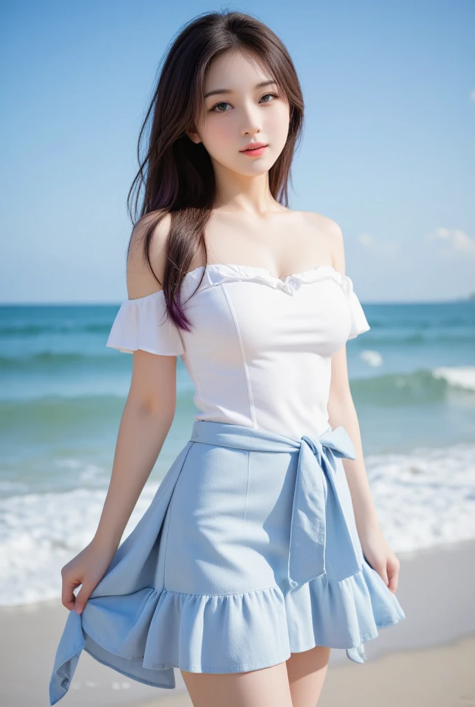 Coastal beauty, 1girl, (bright eyes, sun-kissed skin, carefree expression), beach background, lighthouse, soft sea breeze, playful pose, dynamic composition, golden hour lighting, blurred background, rich colors, fine details, surreal, 50mm lens, relaxing atmosphere. Portrait photography, 35mm film, natural blur, (upper body white wrapped chest, lower body long skirt), underage girl, good fingers, smile, full body, slender legs, young girl body proportions