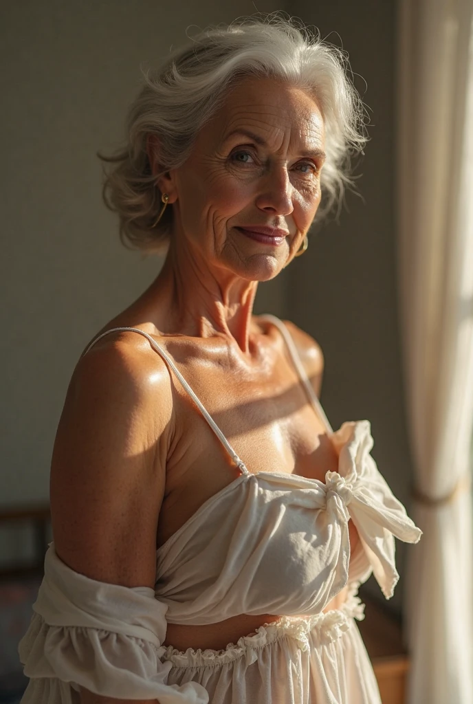 Naked mature woman wearing only a white sheer shirt looking out the window 