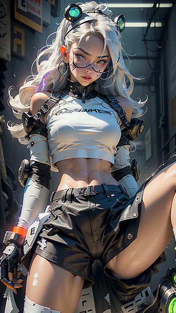 A beautiful young woman ((1girl, full body, from head to toe)), with the features of singer Avril Lavigne, dumb expression, collarbone, small breasts, narrow hips, short stature, full body photo, wide pants ((tactical pants, black pants)), white tank top, all star pants, ((torn clothes))
