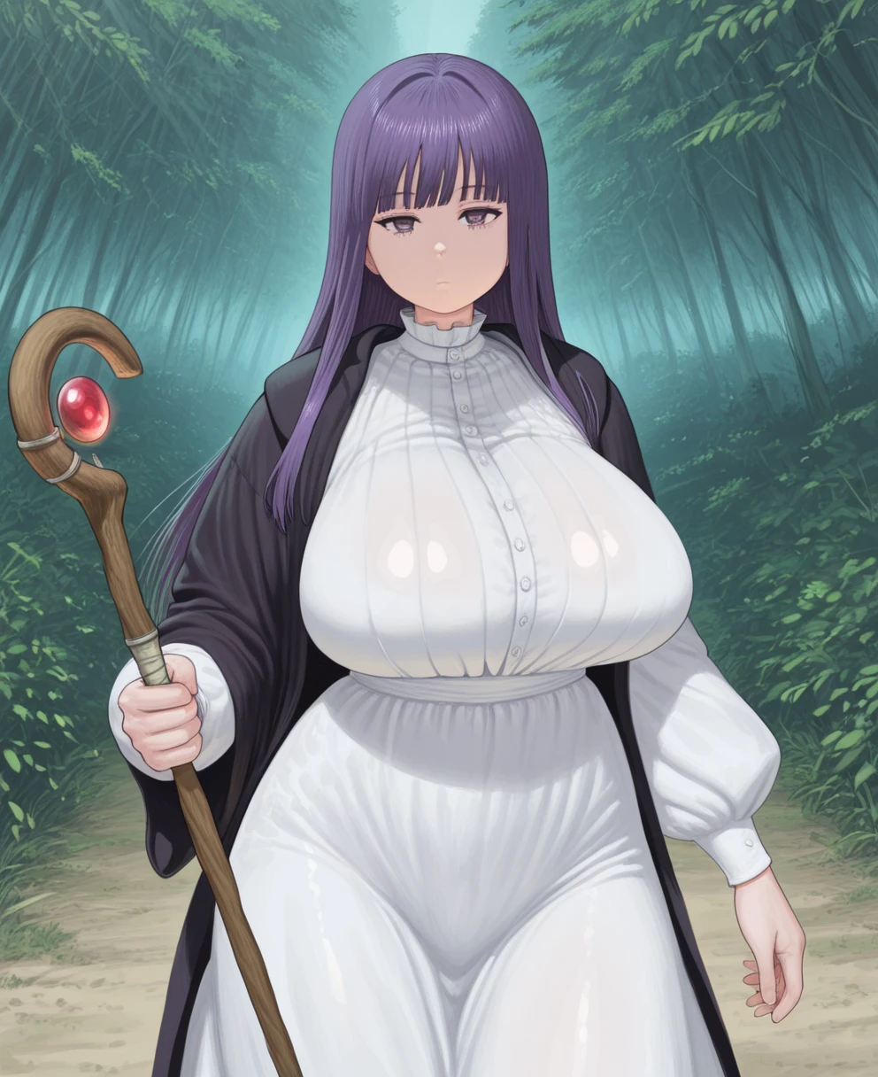 ,anime, Big Breasts, White Dress, Black long coat, smile, sexy, Big Breasts sagging under dress, Sweaty, Purple Hair,