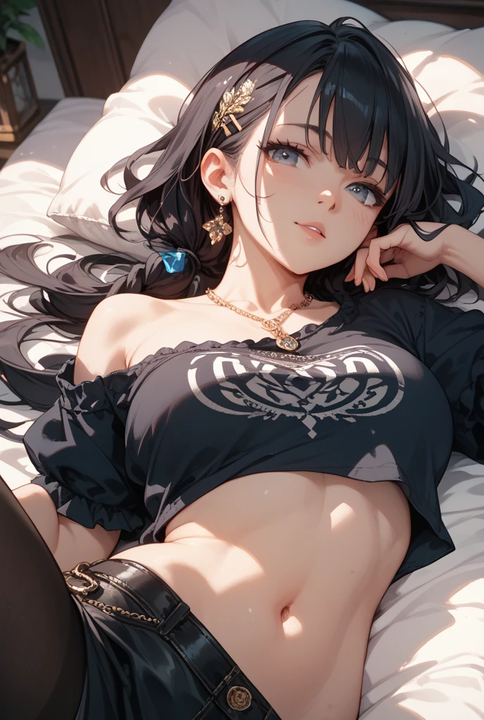 (masterpiece: 1.3), (Maximum resolution: 1.2), (Ultra High Definition TV: 1.2), Cinematic Light, 8k resolution, Detailed facial features , (Sharp focus: 1.2), (Focus on the face:1.2),Perfect Style, Beautiful Face, Acura, Anatomically correct, Two Arms、Tifa Lockhart, Highly detailed face and skin texture, Delicate beautiful eyes, Glitter Eyeliner: 1 Natural Cheeks, Glowing Skin, Fair skin: 1.2, (Glossy Lips: 1.4),、 (Embarrassed look: 1.2),Highly detailed face and skin texture, The hair is very detailed.、Natural Cheeks, , Glossy Lips: 1.4,Perfect Style、Cleavage、Soft Breasts、(Sperm on chest:1.4)(Sperm on thighs:1.4)、 blush、A humiliating look、Anxious expression、A look of humiliation、Embarrassed look、Glare、anger、sorrow、tears、Open your knees、Spread your legs、 White underwear、White bra、Sparkly little earrings and necklace、Disheveled clothes、White panties、sweating、stockings、 (1 girl), Red eyes, Black Hair, Long Hair, Professional Lighting, (Glowing Skin: 1.2), shiny big, ((Highest quality)), Sharp focus: 1.2, Highly detailed face and skin texture, detailed eyes, Perfect Face, Perfect body, Blur Art, CG, Large background , in front (20-year-old, 成熟したクールでBeautiful Face), wear (Black skirt with suspenders), black elbow gloves, White tight shirt, thigh, White tank top),On the bed、(On my back, ベッドにLying down, ベッドにLying downいる, Lying down, White sheets:1.5)、