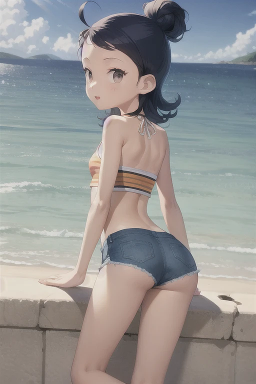 (young girl ,short stature,) ,flat chest,nsfw,big head, rotund, tennis wear.ass job,2d
