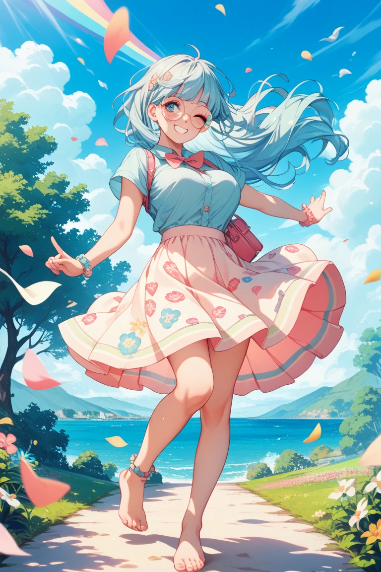 A lovely woman (miniskirt, rainbow hair, tube top, parasail) is a tourist in Japan, she is walking through a park while the cherries are in bloom, view from behind
