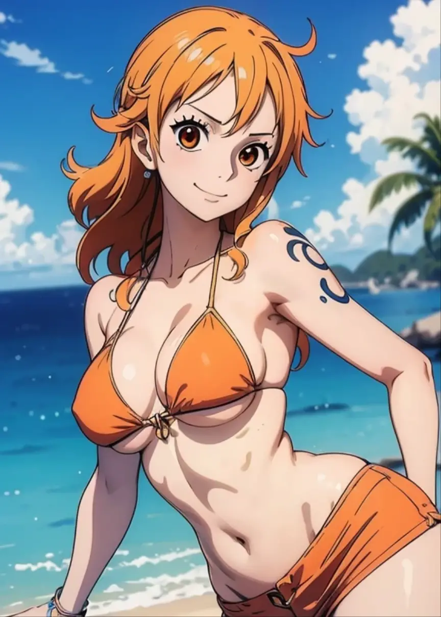 Nami wears a bikini top and super red miniskirt, decote , uma obra-prima , Retrato bonito , arte de anime digital detalhada , Muito detalhes Artgerm haha, deviantart artstation cgsscosiety , fanart melhor artstation, Artgerm. alto detalhamento, seios grandes, olhando para baixo.