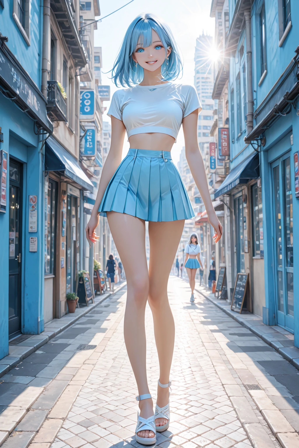 Very high body，Tall and short bodies，South Korean beauties，One meter eight，on a wall，standing on your feet，Purple hair，huge tit，whole body liquid，cropped shoulders，Translucent extra-short shirt，Translucent skirt，Superskirt，Blue slim stockings，slenderlegs，Straight legs，Comic leg，high-heels