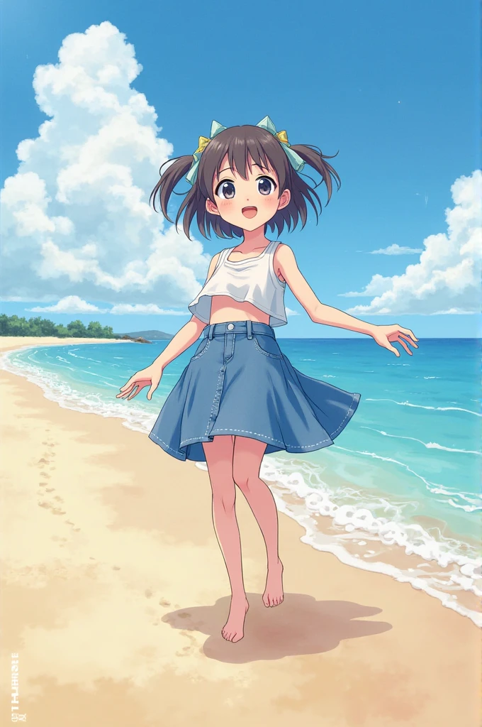 One Girl,No sleeve,Hair is straight,smile,The background is the beach,(child:1.7),Innocent face,Light blue short skirt,bright,Sandy Beach,Swimwear,smile,Black Hair