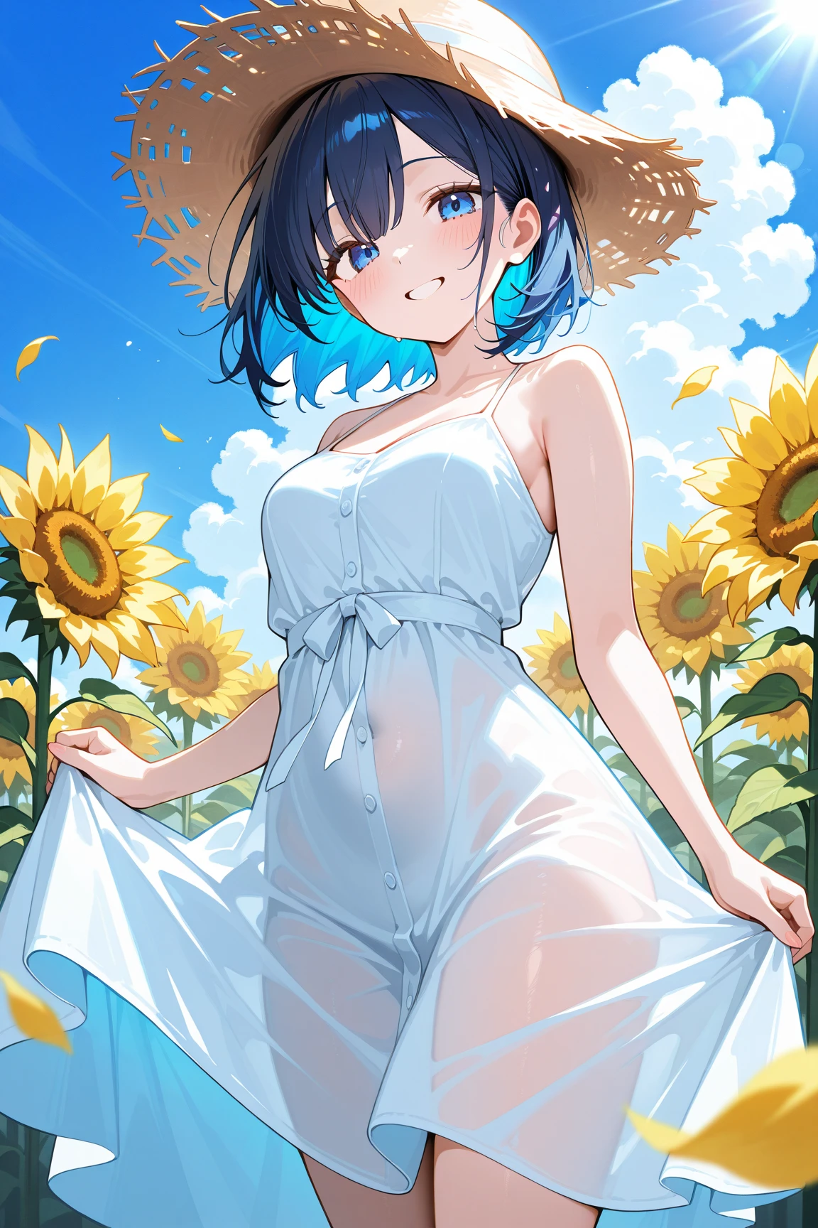 Re:Zero's Rem、light blue hair、short hair、table top、High resolution、big and full breasts、naughty body、See-through、throw、、whole body、Are standing、confused face、blush、embarrassing、I'm panicking、Clearly visible female genital shape、I can see your nipples、white skirt、micro mini skirt、very short skirt、very big breasts、bare chest、show your chest、Upper grade、A lot of milk comes out from the nipples、Breast milk gushes from the nipple、show your chest、bare chest、straw hat、white dress、sunflower field、bangs that cover one eye、pink hairpin、white sandals、off shoulder dress
