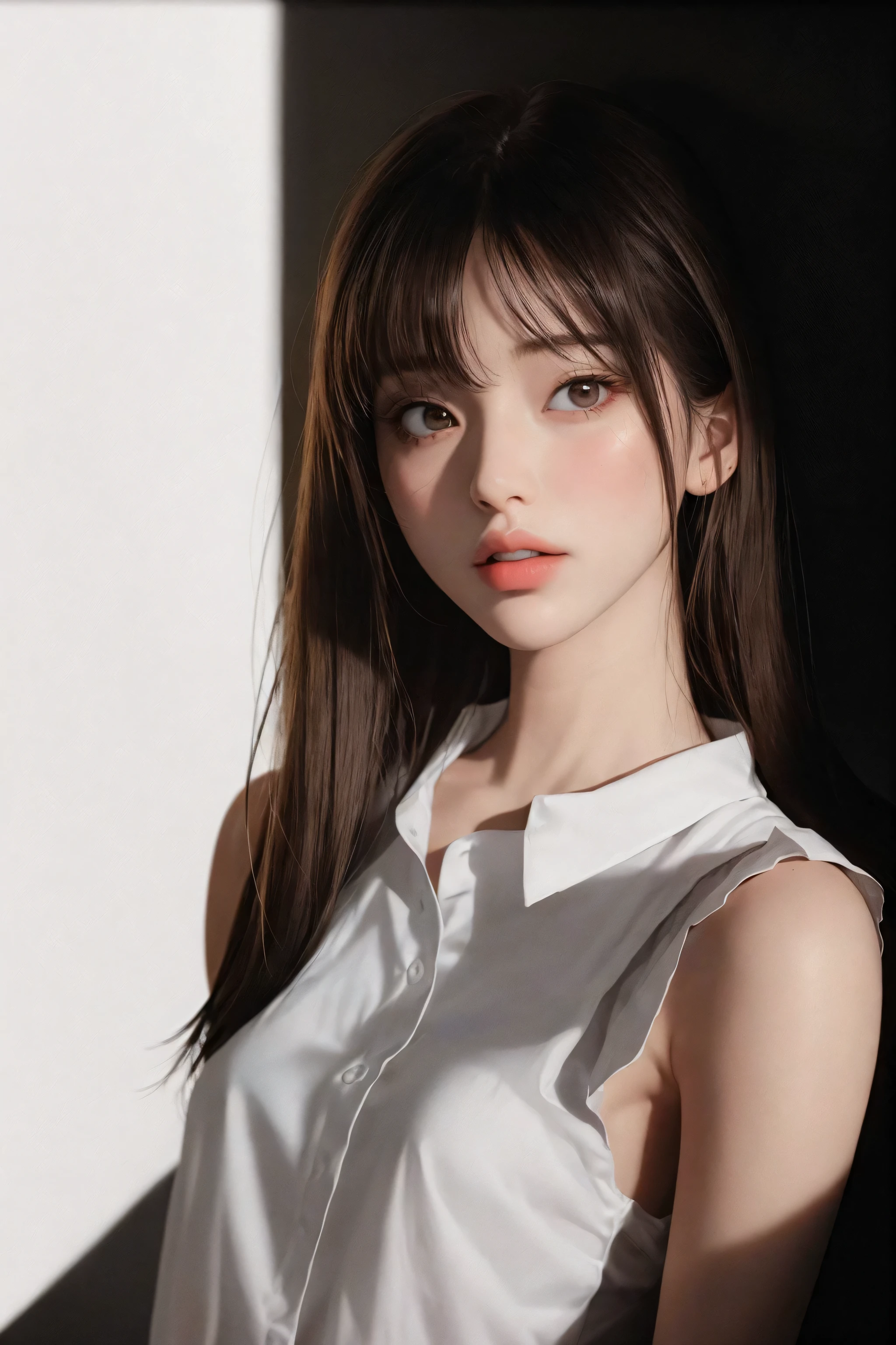 Temperament smile girl, delicate  features, bangs, brown ponytail, messy hair, hair is very realistic, wearing a white shirt with short sleeves, the background is a random scene, exquisite makeup, light red lips, big eyes, double eyelids, black holes, bright eyes, symmetrical face, very real face, detailed portrayal of the girl's face, blush, super high appearance, looking at the audience, very realistic skin, clothes with real fabric texture, realistic painting, film style, photography level, ray tracing, Realistic light and shadow effects, realism, masterpiece, like the best photography effects, 8K, full body portrait, pantyhose, high detail, 21 years old girl, A shallow cleavage, slender legs, light stiletto heels