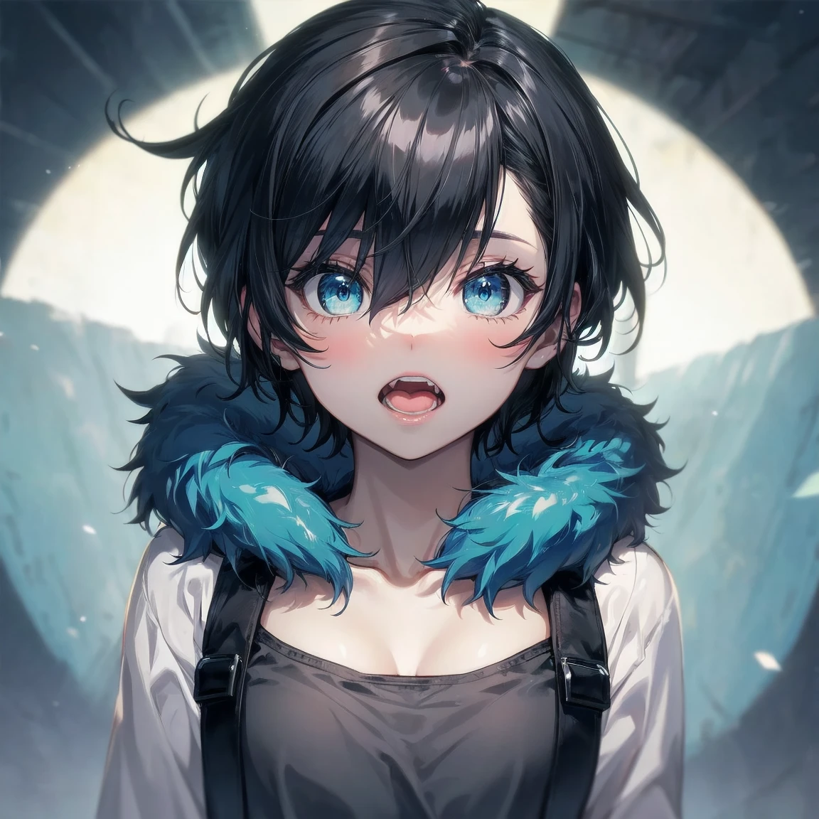 Close-up of a cartoon girl with blue hair and a yellow shirt, 2D Animation, 2D Animation style, 2D Art, 2D Art, 2D from Gorillaz, 2D from Gorillaz, 2D Gorillaz, Screaming Cerket, 2D Sprites, Jinx Face, short hair, Small breasts, hot pants, ((Black Hair, Bright blue fur inside:1.4))