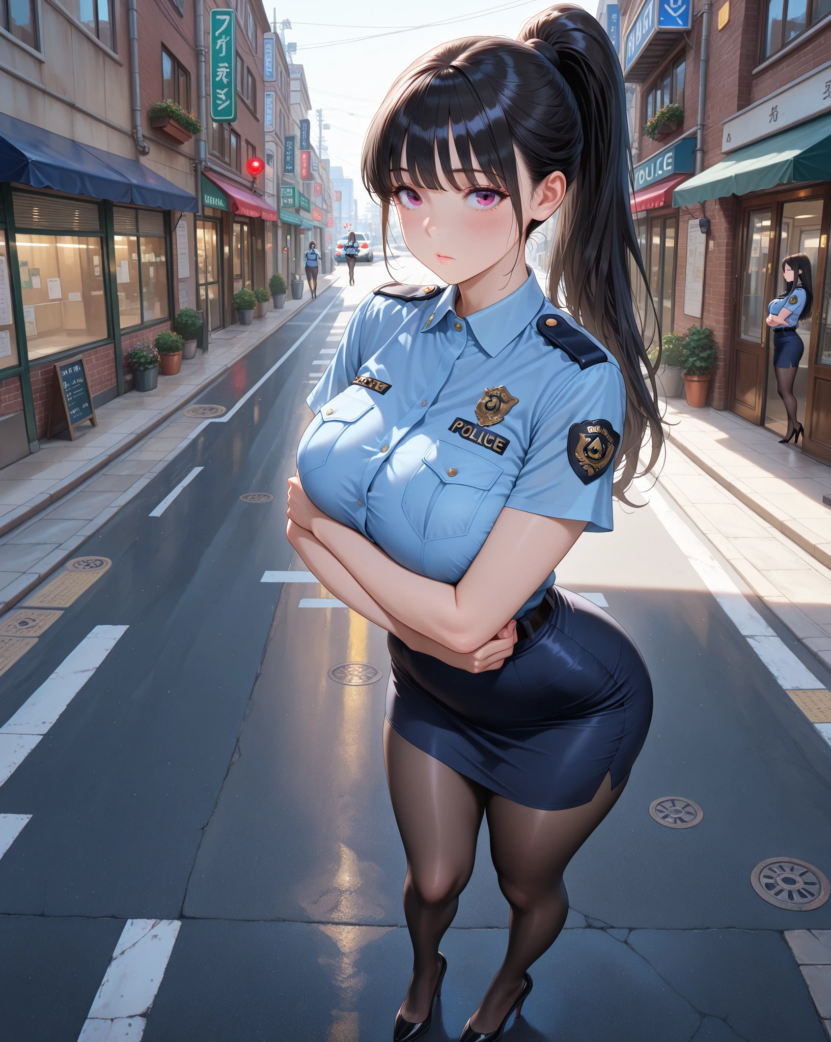 Exposing huge valleys)、((wearing ARMY HELMET AN95 , wearing ARMY CHESTRIG , wearing ARMY LEG ARMOR and hold M4 RIFLE and facing towards the viewer))、((Fully Naked))、((beside of the road in the city with people in the background))、(Ultra-realistic armpits、hyper detailed underarm)、nikon RAW photo、16 K、FujifilmXT3、masterpiece、top-quality、realisitic、Photorealistic、ultra-detailliert、extra detailed face、独奏、1girl in、High-end makeup products、 and a stylish expression on her face、irene1、(FULL BODYSHOT) , pretty , Nude , wet skin, sweat , (wide angle view) , round glasses, bobhaircut ,
