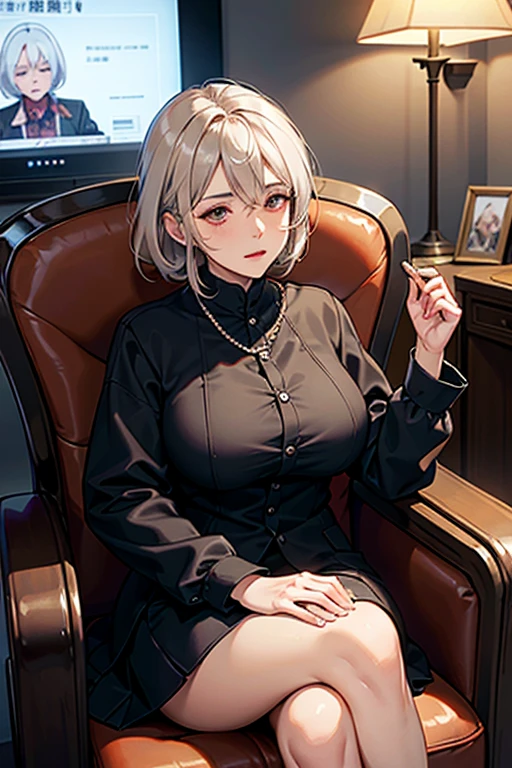 (masterpiece:1.2), Highest quality,sexy,Big Breasts, alone, Colored glasses, jewelry, hair ornaments, View your viewers,One girl, short hair,Earrings, whole body, hair 花, Colored glasses, sunglasses, necklace, bangs, Gray Hair, Round Glasses, Earrings