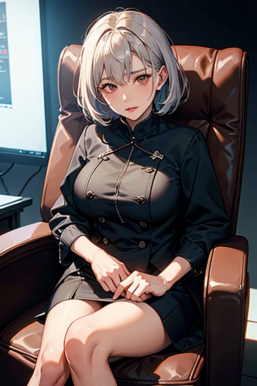 masterpiece, highlydetailed, ultra-detailed, cold, solo, (1woman), (pale skin), icyblue eyes, frosty white hair, young lady, medium breasts, goddess, cool kuudere woman, (sci-fi), (modern casual clothes), sleepy, lazy, flat expression, (polite clothes), (close clothes), (future clothes), (black clothes), model, actress, potrait, magazine cover
