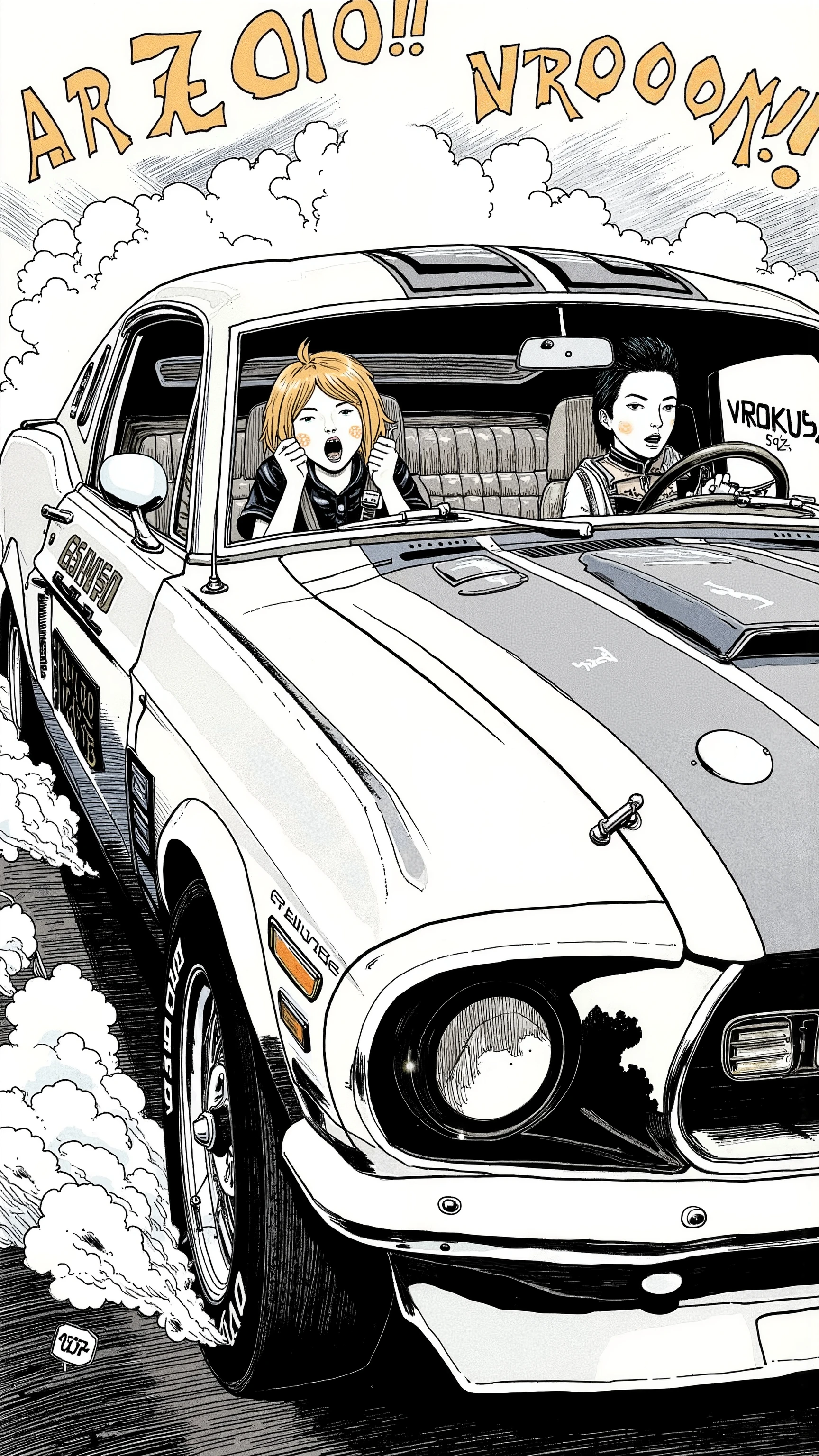 Sleek Design, Equipment, The scene below, which is reminiscent of the manga-specific, of fog lights. car, sense of speed on that front grille, fog lights depicts, Strong presence. Manga-specific, equipped with, expresses the thrill and anxiety, chrome decoration, クラシックな自動carデザインを物語っている. an Illinois license plate "BRD 529." Superior, bold text "VROOOM" along with those keys. car内ビューには 2 人のキャラクターが描かれている. 1, holding, seat belts with dynamic lines that accentuate the front to evoke the roar of the engine, screaming "amazing!!" in excitement. passenger, a young woman with bright hair, broom, エンジンの轟音を喚起する, A key sound that seems surprising Shelby holding. 下のシーンは回転するcar輪に焦点を当てている, Deviation という音とともに "Deviation ". This image、captures the, excitement, Nostalgic charm , The manga-specific.