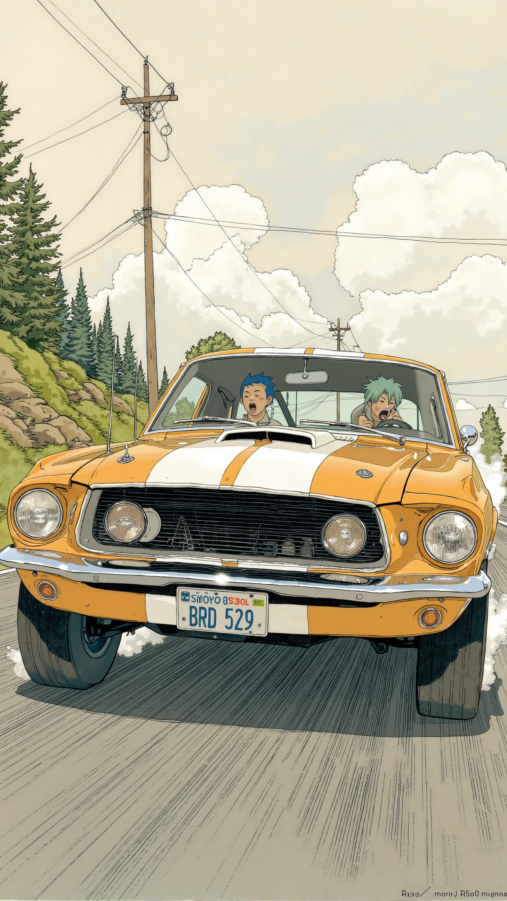 Sleek Design, Equipment, The scene below, which is reminiscent of the manga-specific, of fog lights. car, sense of speed on that front grille, fog lights depicts, Strong presence. Manga-specific, equipped with, expresses the thrill and anxiety, chrome decoration, クラシックな自動carデザインを物語っている. an Illinois license plate "BRD 529." Superior, bold text "VROOOM" along with those keys. car内ビューには 2 人のキャラクターが描かれている. 1, holding, seat belts with dynamic lines that accentuate the front to evoke the roar of the engine, screaming "amazing!!" in excitement. passenger, a young woman with bright hair, broom, エンジンの轟音を喚起する, A key sound that seems surprising Shelby holding. 下のシーンは回転するcar輪に焦点を当てている, Deviation という音とともに "Deviation ". This image、captures the, excitement, Nostalgic charm , The manga-specific.