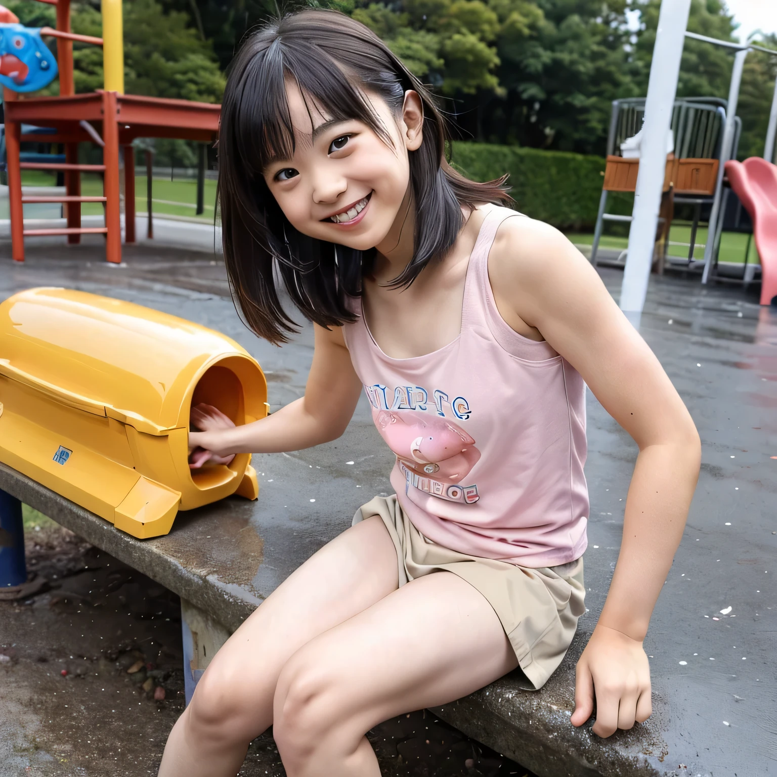 Little girl on top，Looking down，from below，White light panties，Three-point underwear，sitting on a swing，Crotch view，bottom angles，Mocking expressions，Smiling，White light bandeau，Large angle upward view，Sky background or ceiling background