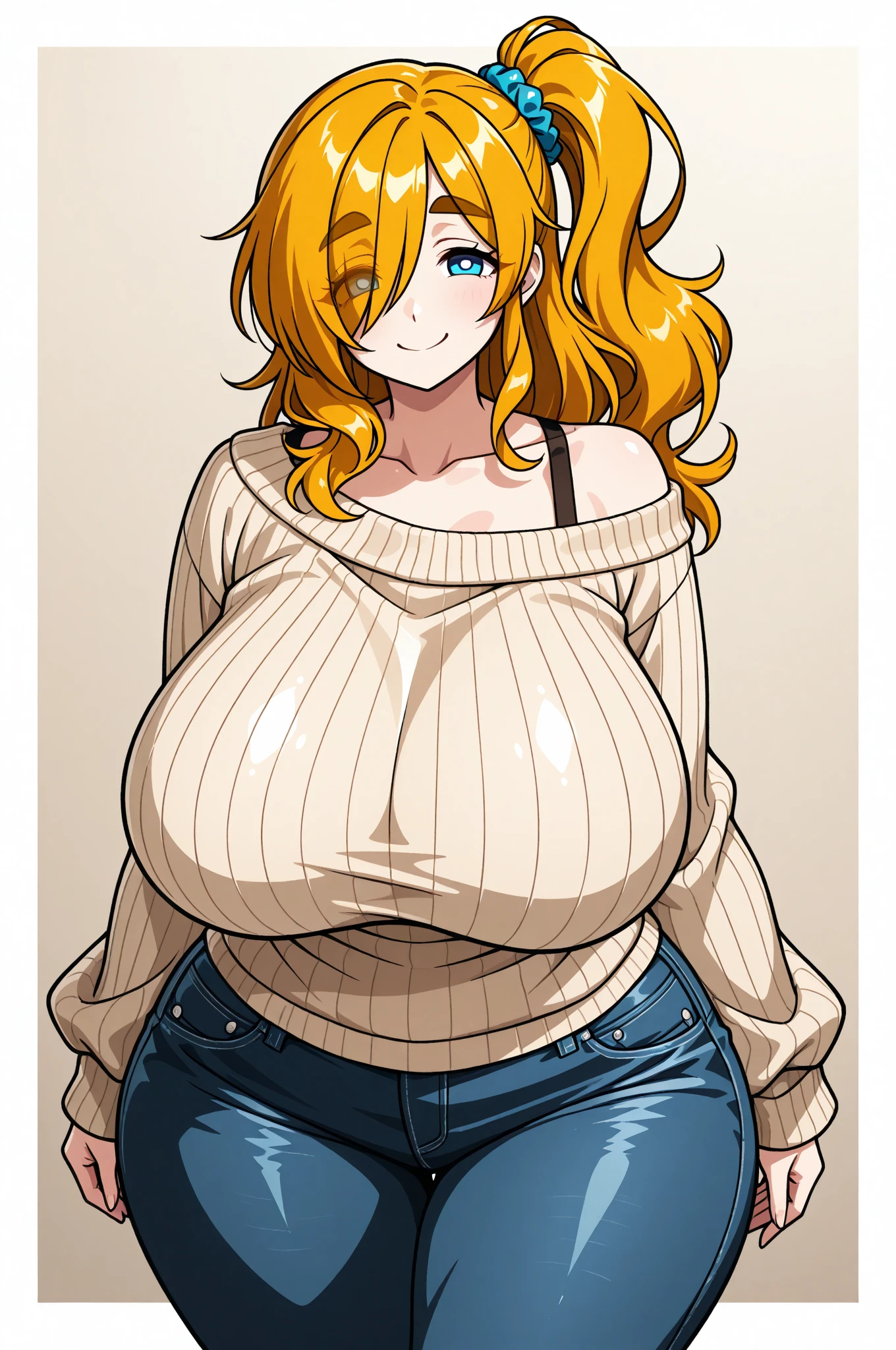 2heads, a chubby mature woman with 2 heads. She has gigantic breasts. She has a motherly appearance. She has orange hair. She has massive breasts. She is smiling. She looks welcoming. She is wearing a turtleneck sweater and jeans. She has wide hips. She has gigantic breasts.
