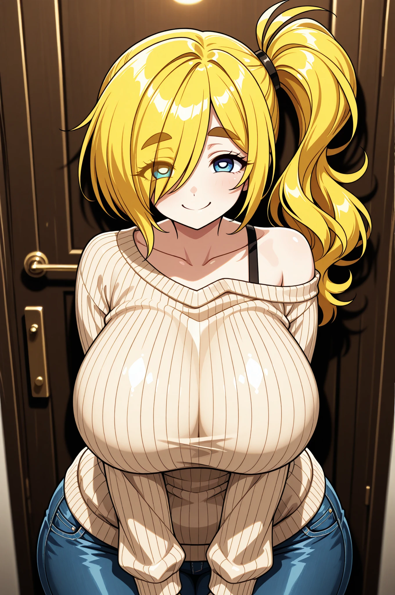 masterpiece, best quality, highres, aaemma, long hair, blonde hair, yellow eyes, tight sweater dress, ribbed sweater, turtleneck, sleeveless, night, city, street, sitting, cowboy shot,smiling,embarrassed ,big tits,huge tits, large tits,show tits, visible tits:1.6, open sweater dress,open clothes,open shirt,(shirt lift:1.6),show tits, nipples,(( show nipples:1.5)),((show tits:1.5))