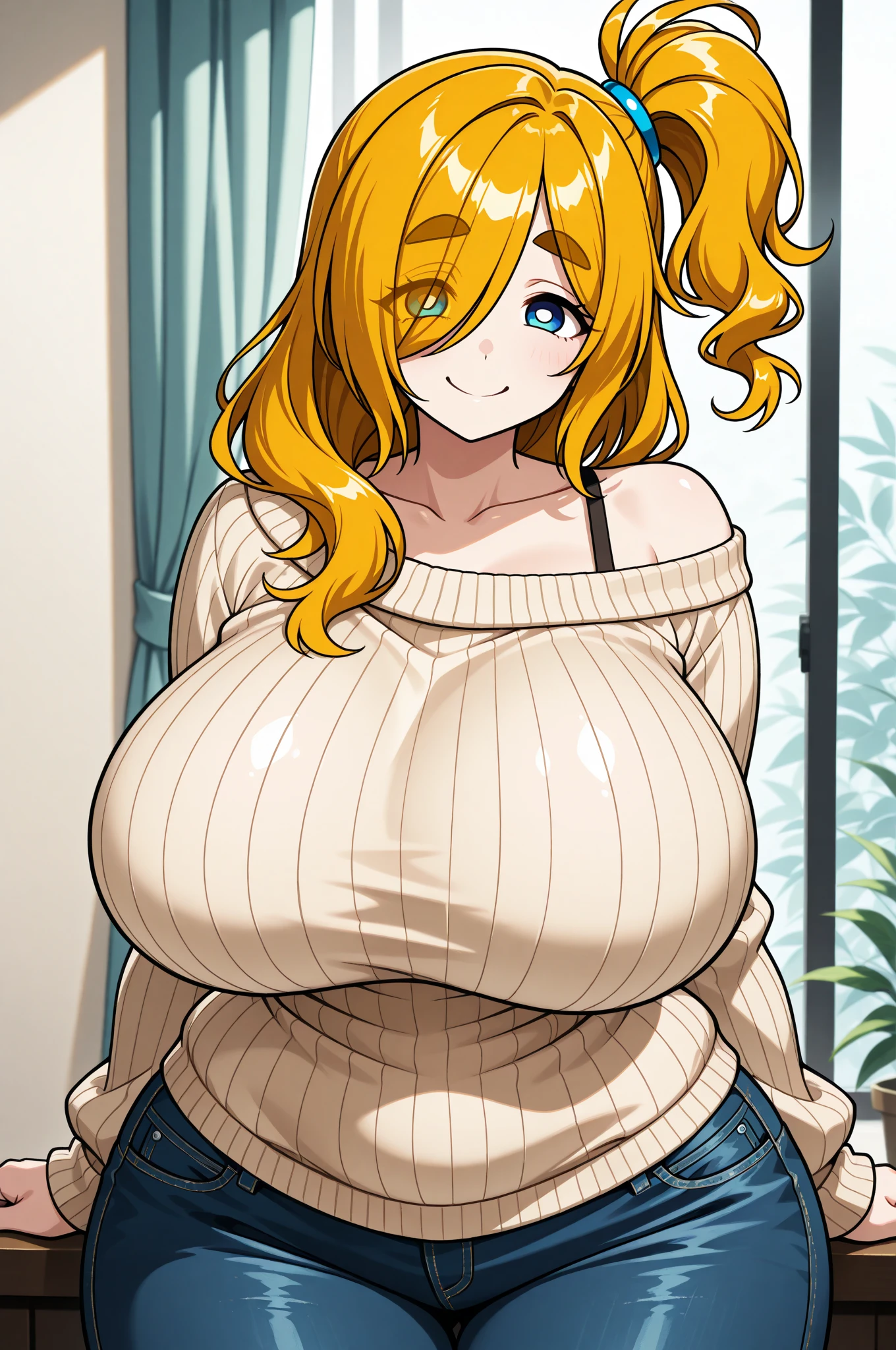 An anime-style artwork depicting Venelana Gremory from the anime High School DxD.

Tags: Venelana Gremory, anime, detailed eyes, detailed lips, ass, 1girl, blonde hair, (blue eyes), (sweater:1.1), pencil skirt, short hair, miniskirt,curvy, thighs, higheels, shiny clothes, skin tight, cleavage,  solo, huge breasts, smiling expression, intense gaze, dynamic pose, indoor, palace, vibrant colors, digital art, high-resolution, professional quality, gigantic breasts, (underboob : 1.4), curvy, cowboy shot, (gigantic breasts: 1.4),