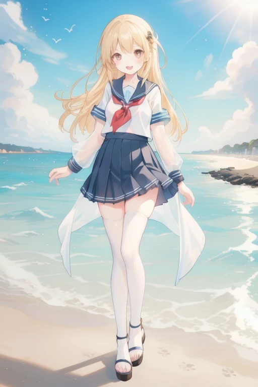 best qualtiy， tmasterpiece， 超高分辨率， realisticlying， 1 girl， Long pale yellow hair，Heterochromic pupils，Long legs，JK set，Keep your head down and be happy，Purple stockings，beachside，Cat ears，with blue sky and white clouds，wide angles