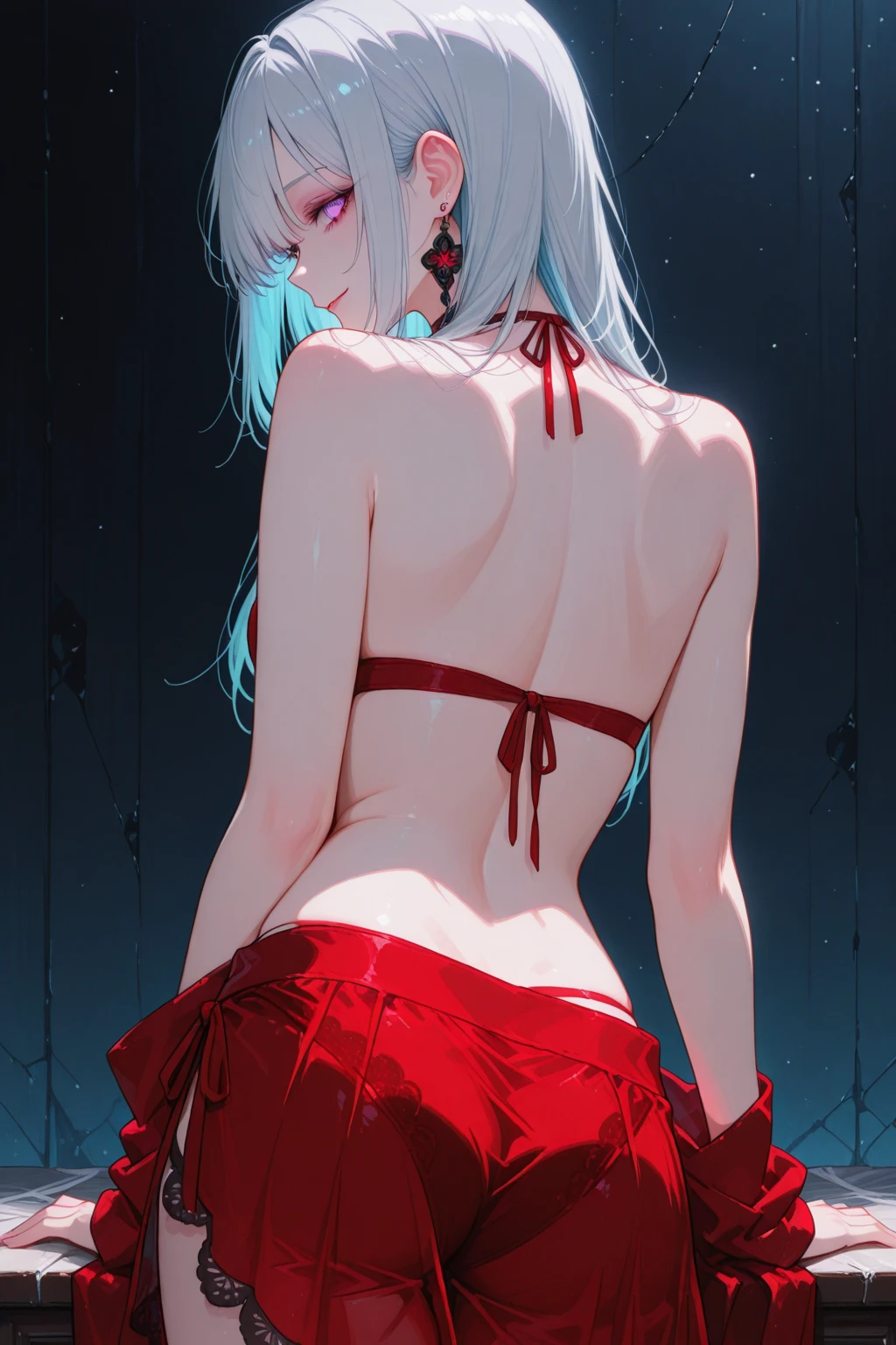 Alisa Mikhailovna Kujou, white hair, red hair ribbon, beautiful, ????, ?????, ????????, serious face, blue eyes