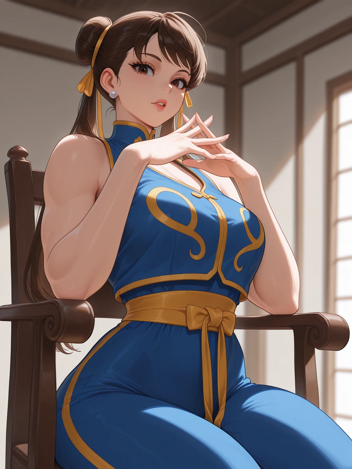 (top-quality、hight resolution、8k、masterpiece:1.2)。Ultra detailed eyes、sparkle in eyes、Shining stars々eyes like、Curvaceous but slender、Muchimuchi Body、Shiny black cheongsam with intricate gold embellishments、The background is a high-class Chinese restaurant with red pillars and thunder patterns.、sit on an antique luxury chair、((Sitting heavily in a chair、put your arm on the armrest))、double tooth、canine teeth、chinese bun hair、Muscular nose、Fleshy lips、Physical beauty、fleshy thighs、well-muscled、Anime style、animesque、well-muscled、light reflections、shinny skin、luslous skin、Depth blurred background、The best lighting、Line art thicker、Confident home、Overconfidence、shaolin、Odango Hair 、shot from top、Face Up、Bites into the skin、Bright light shines through the window、smile shyly at the camera、hairaccessories、Red pillar、Anime Characters、Original Character、Strong lighting from the front、red blush、Anime-style drawing、Write、String bread、tights、Realistic、Realistic shadows and lights、exquisite sense of perspective、Raibun、Realistic texture、Strong lighting、From close range、4000 years of history in China、Oversized dresses、macho